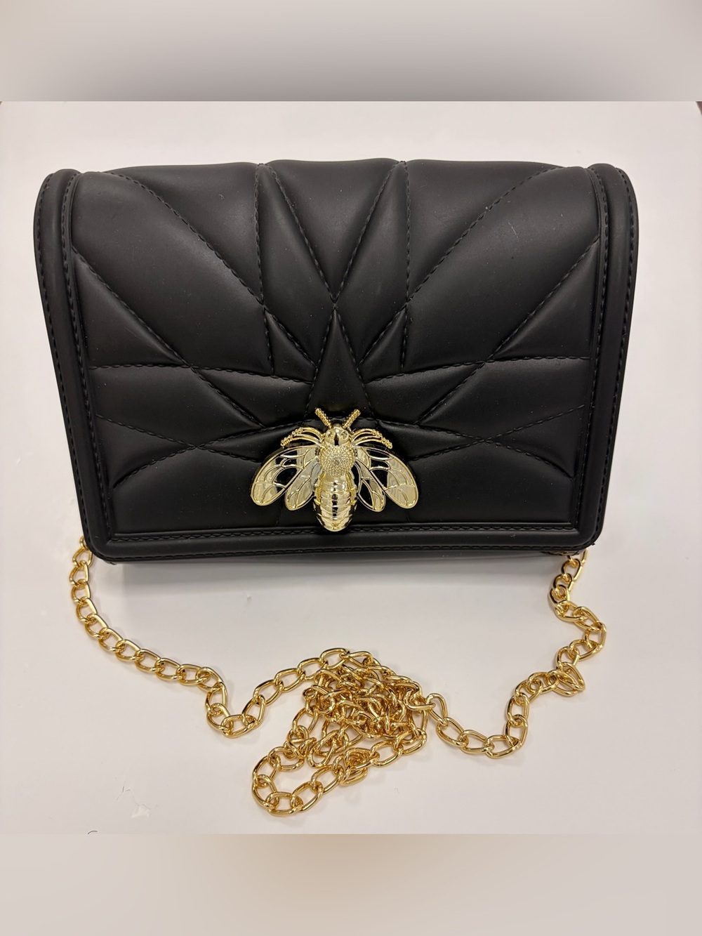 Black Quilted Bee Crossbody Purse Gold Chain Statement Bag